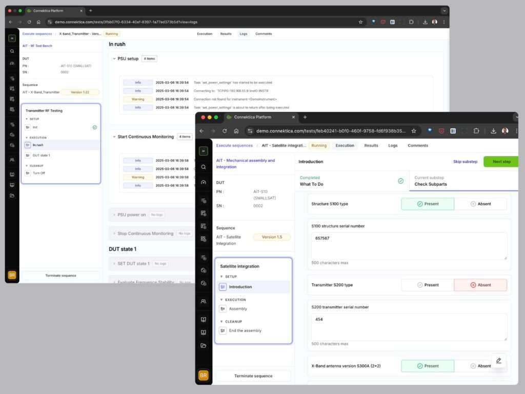 Connektica platform showing concurrent aerospace test management with RF transmitter testing and satellite integration interfaces running simultaneously