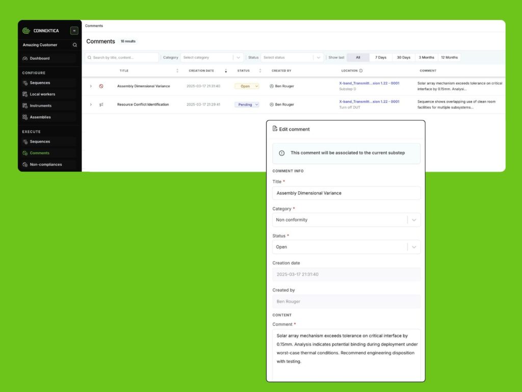 Connektica platform showing aerospace manufacturing non-conformance tracking with categorized quality issues and detailed dimensional variance reporting
