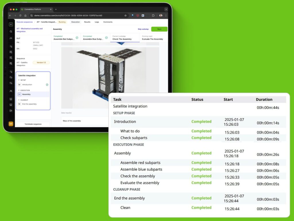 Connektica platform showing satellite integration workflow with visual assembly verification and EN9100 Compliance Report