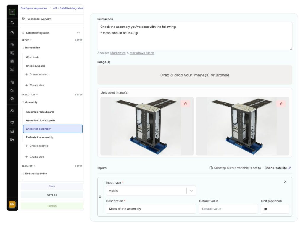 Connektica platform showing satellite integration test sequence with visual verification and mass validation configuration interface