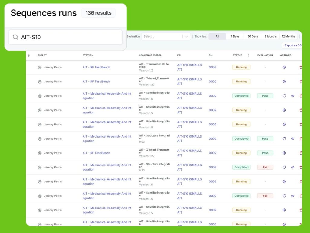 Connektica assembly and testing platform dashboard showing satellite component test sequence runs with real-time status tracking and evaluation results