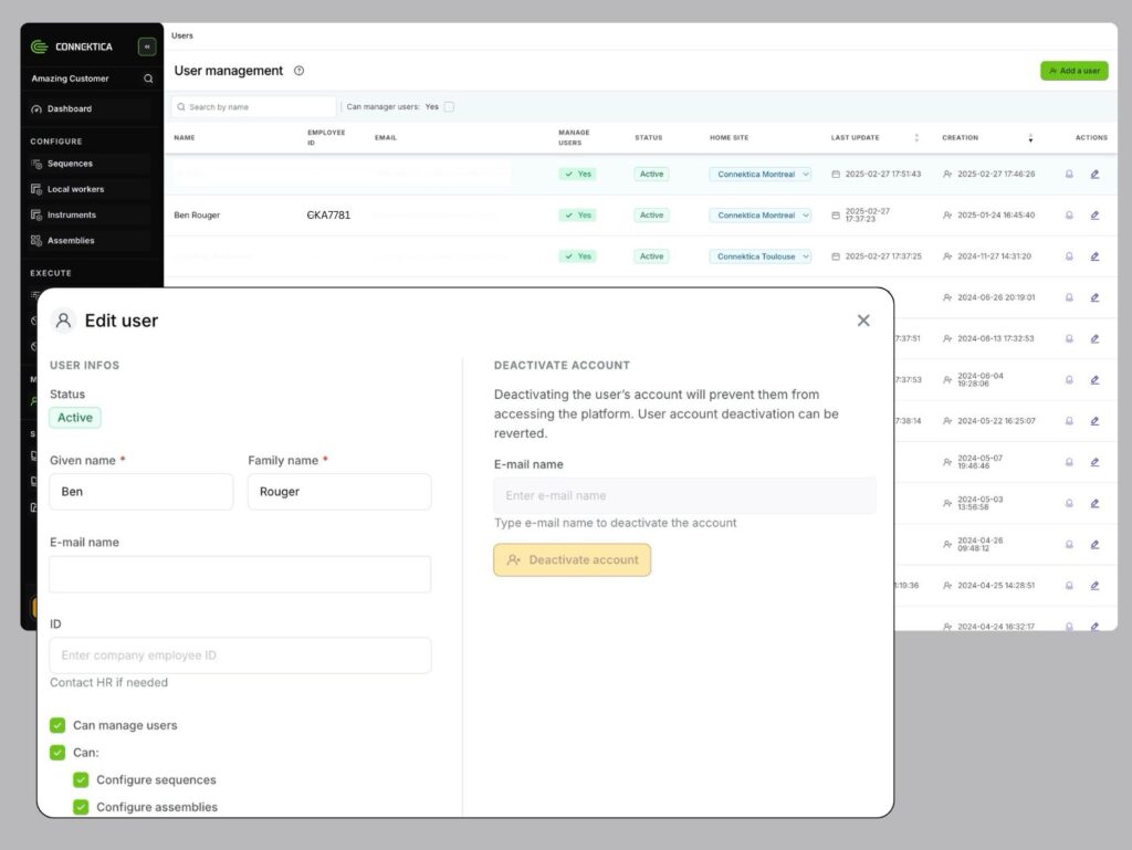 Connektica platform user management interface showing multi-site aerospace team administration with role-based access control settings