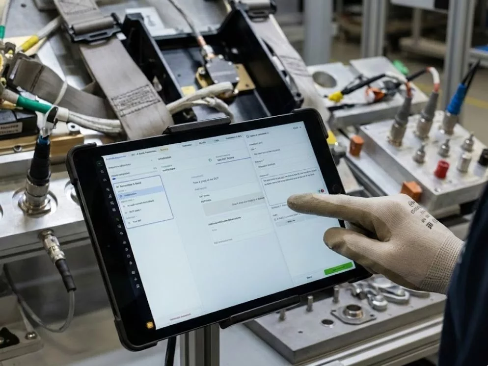 Operator adding a process note to a digital work instruction on a tablet in an aerospace workshop.
