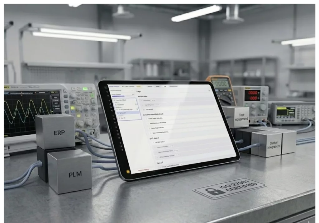 iPad showing Connektica platform connecting test equipment with secure cloud execution