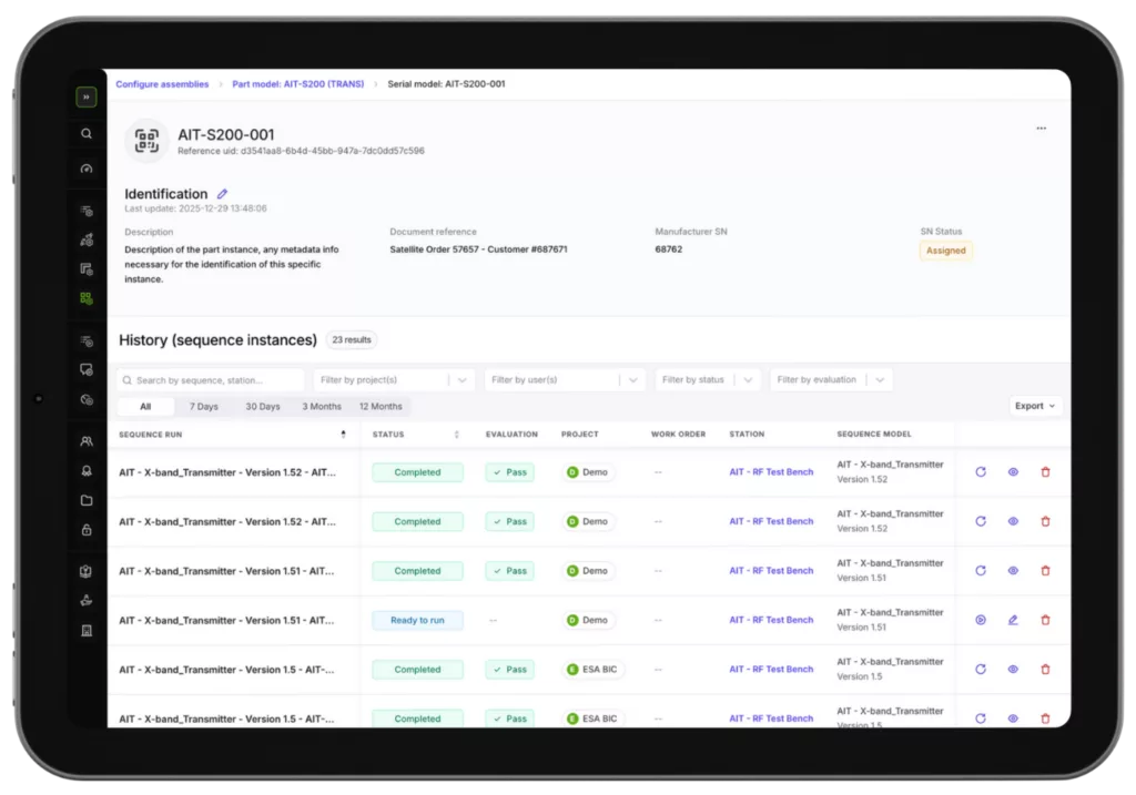iPad showing full as-built history for a serial number in Connektica