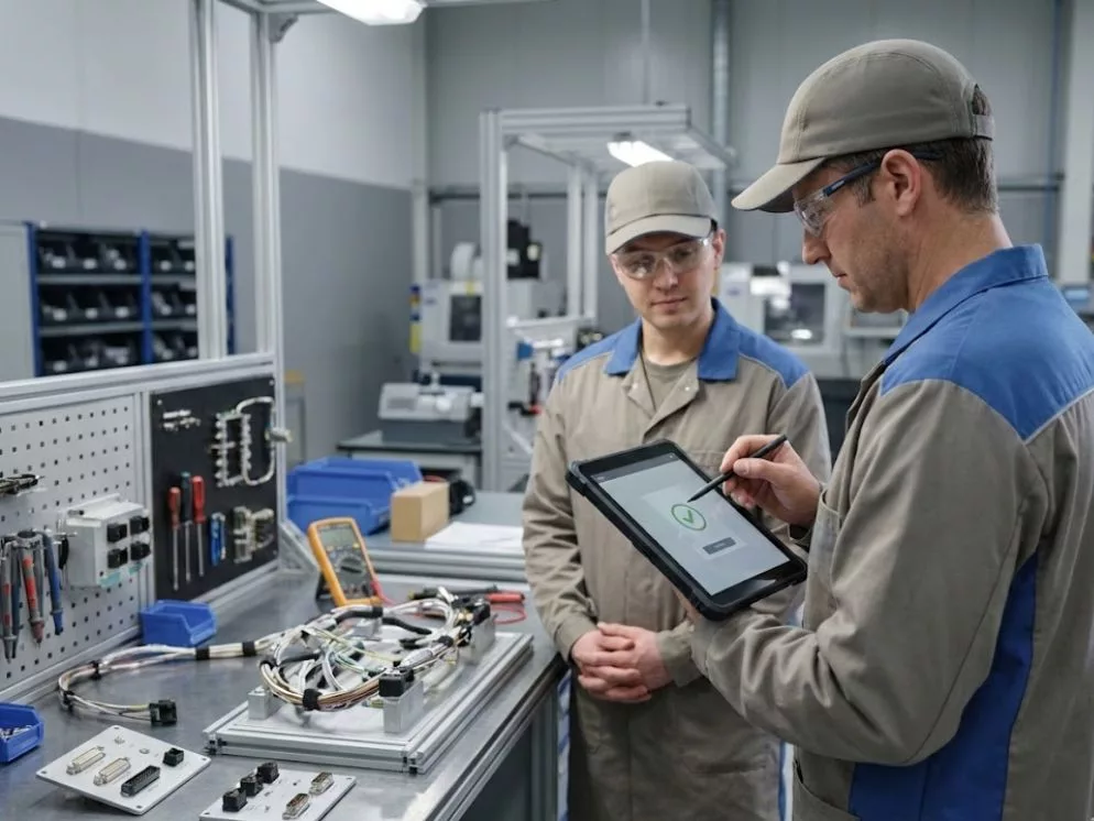 Authorized supervisor digitally approving a quality gate on a tablet in an aerospace factory.