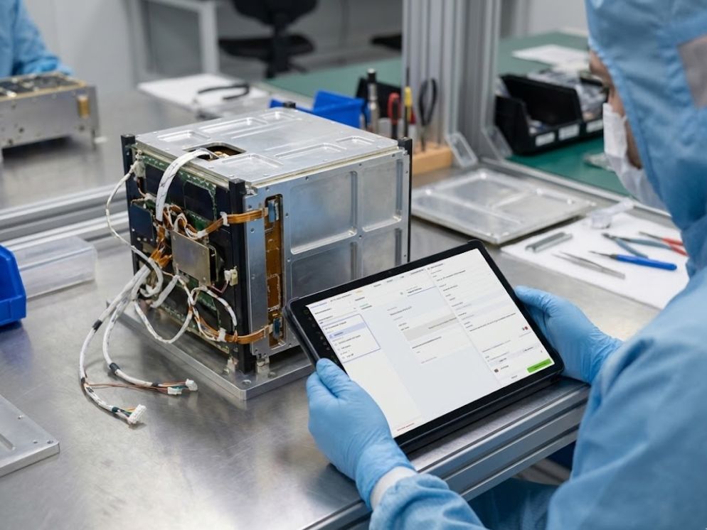 Operator declaring a non-conformity on a tablet during space manufacturing execution.