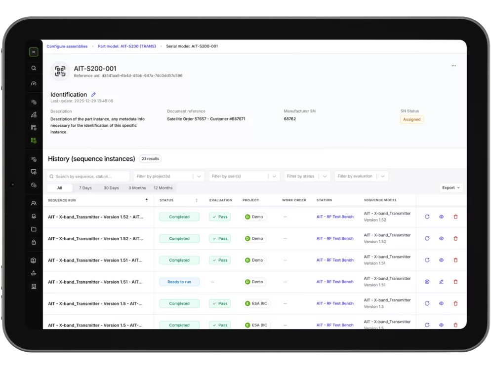 As-built BOM and full part genealogy view linking serial numbers, test sequences, and execution history in Connektica.