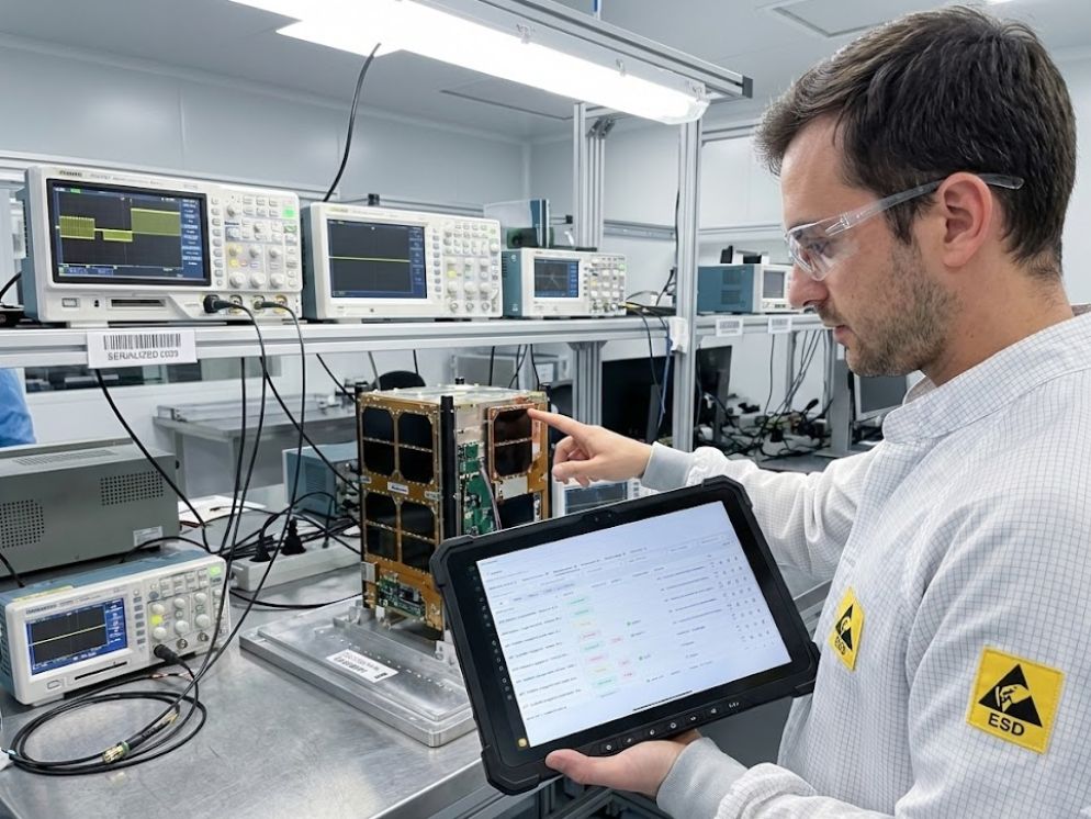 Engineer using global search to find test results and measurements during space manufacturing.