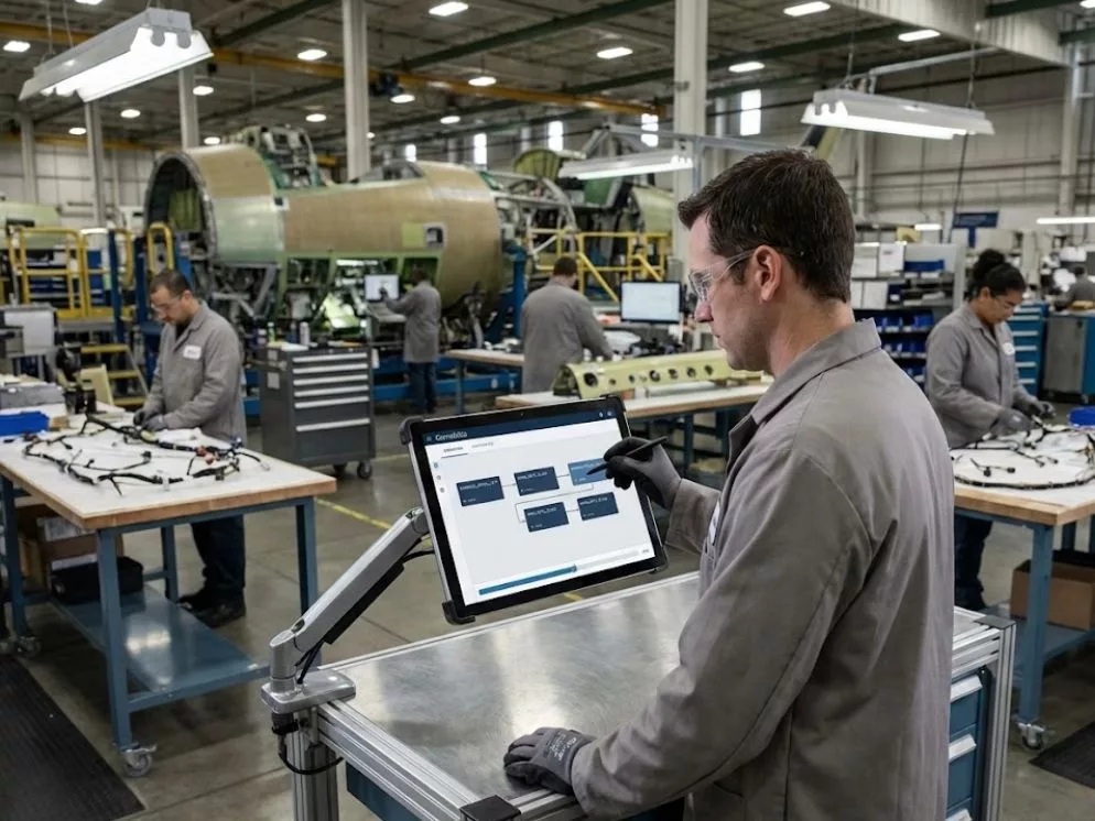 Engineer linking modular execution sequences on a tablet during aircraft manufacturing.