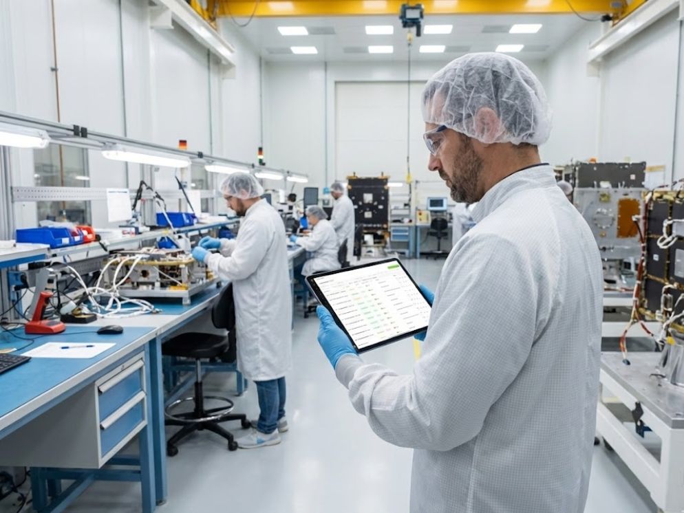 Supervisor coordinating production across multiple sites from a space factory floor using a single interface.