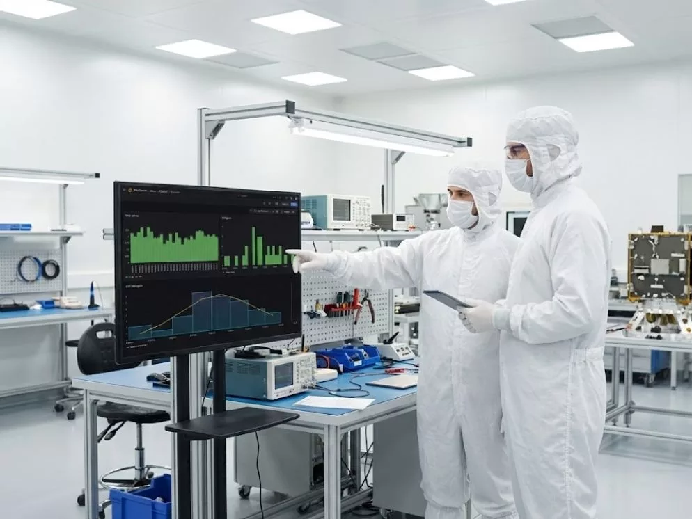 Supervisor reviewing a real-time deviation alert during space hardware assembly in a clean room.