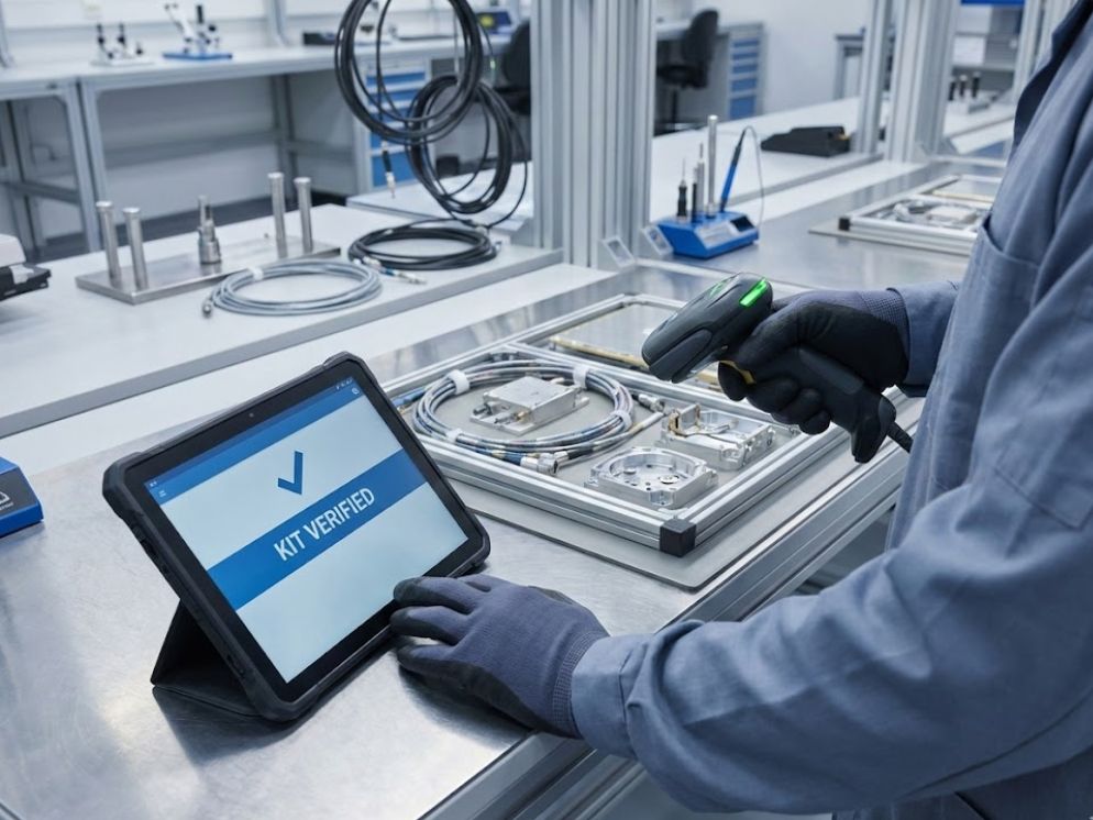 Operator scanning a kit at the workstation to verify parts before aerospace assembly.