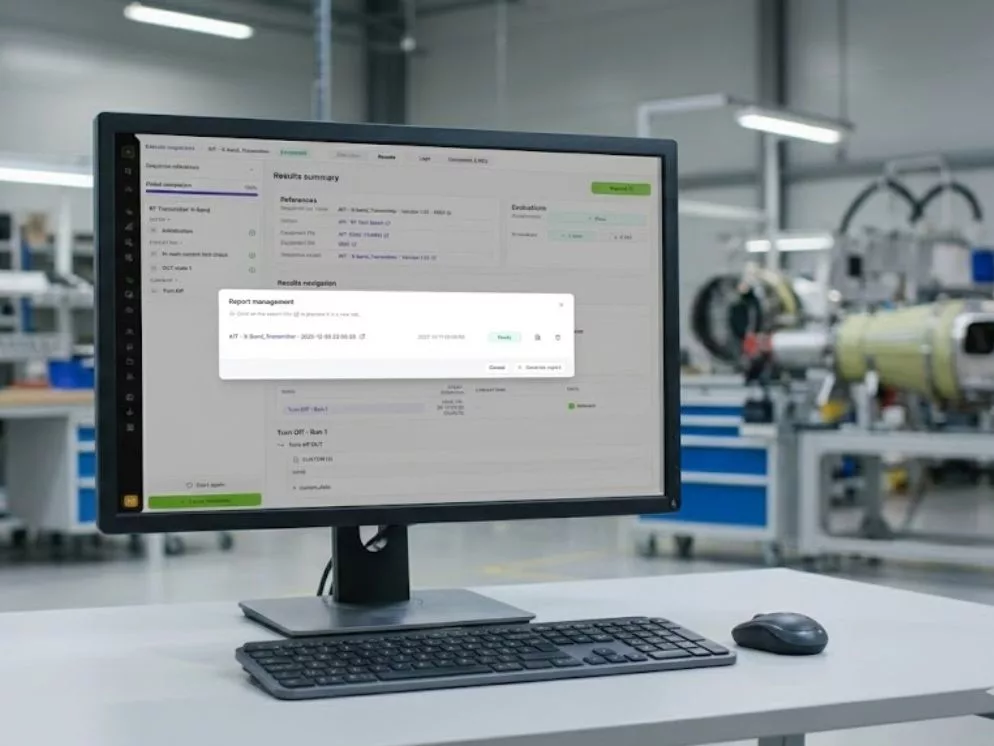 Desktop monitor showing Connektica compliance report marked ready inside an aerospace manufacturing control area.