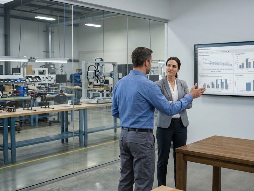 Operations and production leaders reviewing historical execution data during a bid discussion in a drone factory