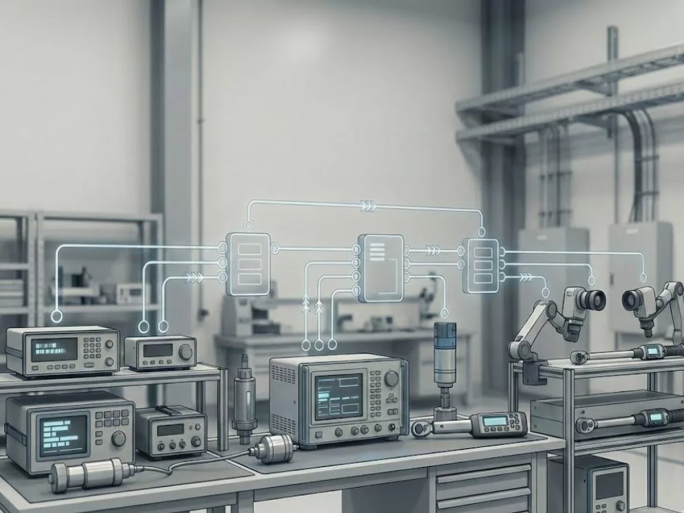 Aerospace instruments and sensors visually connected through a no-code integration layer.