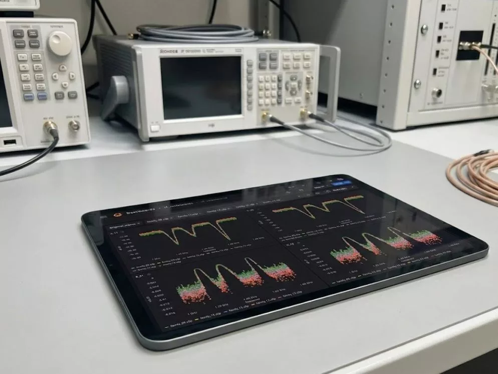 Tablet displaying test measurement data on a bench in an aerospace test lab with RF instruments in the background