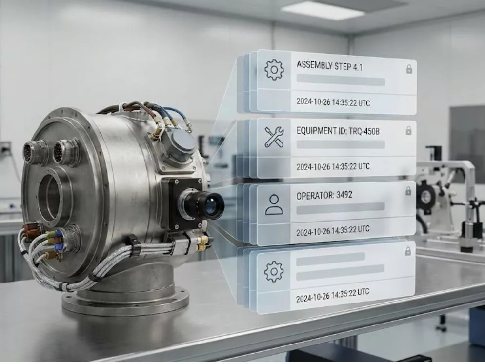 Aerospace unit beside digital execution records showing end-to-end serial traceability and audit trail.