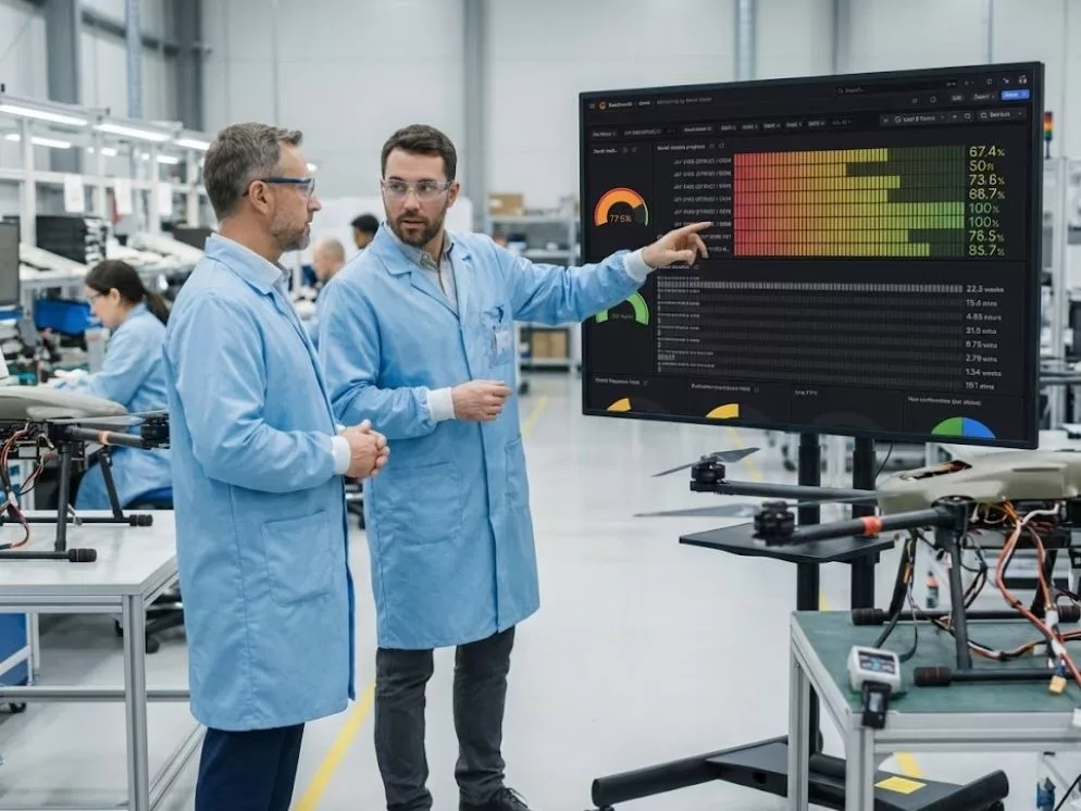 Production manager and engineer reviewing bottleneck data on a monitor in a drone manufacturing line