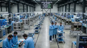 Constellation-scale satellite production line in Toulouse aerospace facility showing parallel workstations and industrial execution metrics.