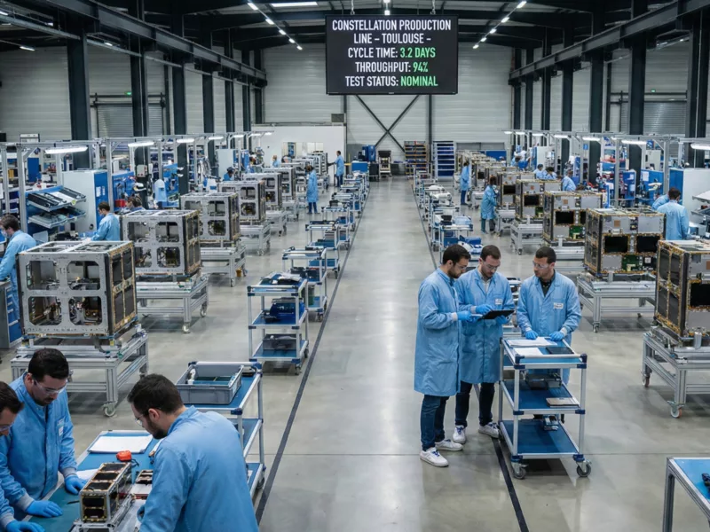 Constellation-scale satellite production line in Toulouse aerospace facility showing parallel workstations and industrial execution metrics.